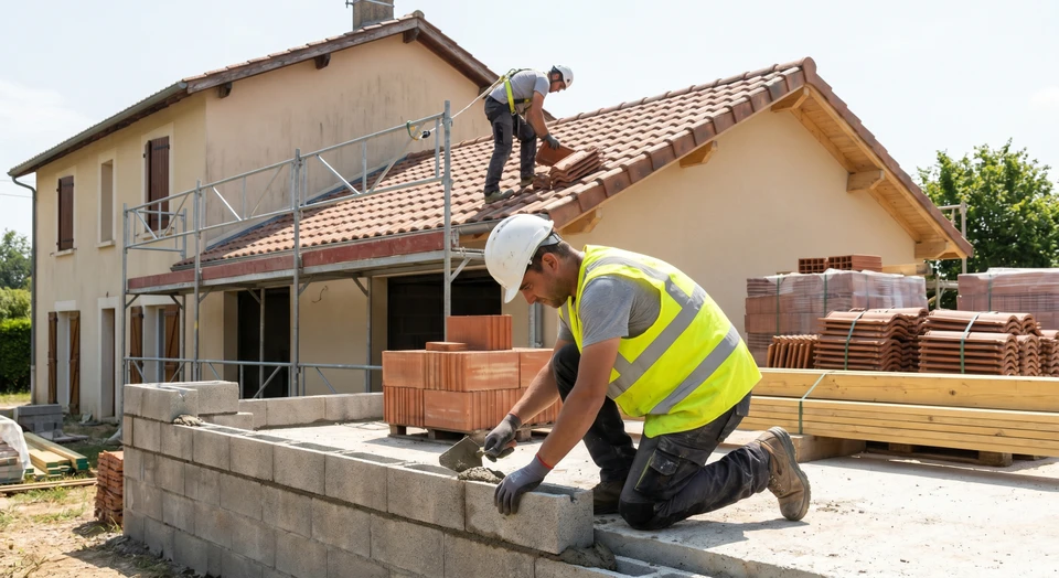 Photographie d'un chantier de rénovation/agrandissement de maison en cours, montrant plusieurs phases de travaux simultanément : au premier plan, un ouvrier en équipement de protection réalisant des travaux de maçonnerie ou terrassement, en arrière-plan un artisan travaillant sur une charpente ou une couverture, avec des matériaux de construction (briques, bois, tuiles) visibles. L'image doit transmettre le professionnalisme, la coordination entre différents corps de métier et la progression méthodique d'un projet de construction.