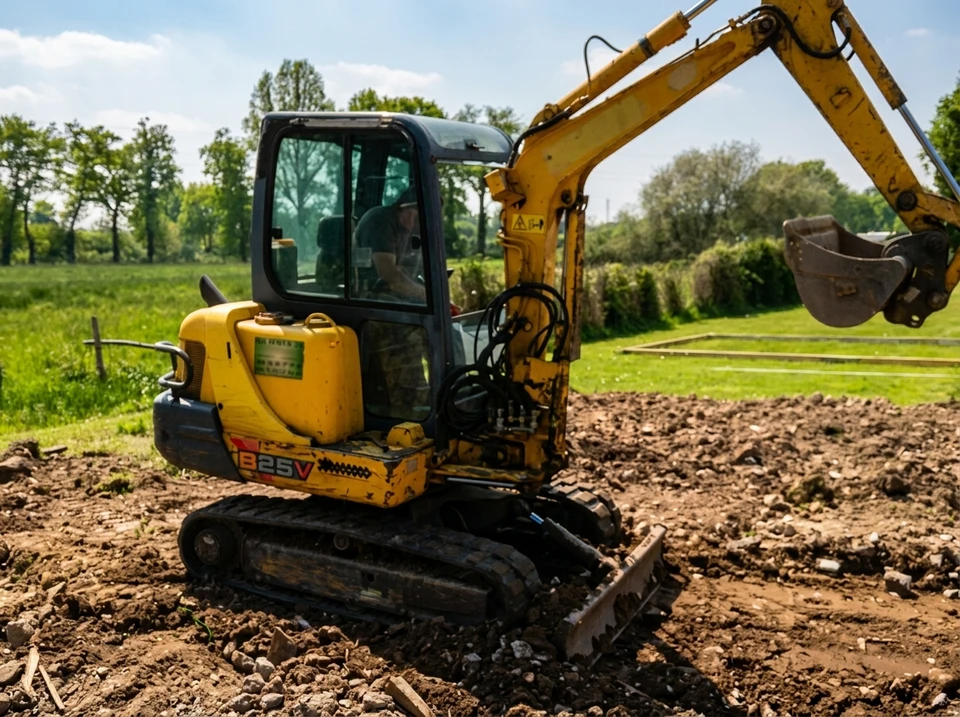 Chantier de construction résidentielle en cours, ouvriers effectuant travaux de maçonnerie et fondations