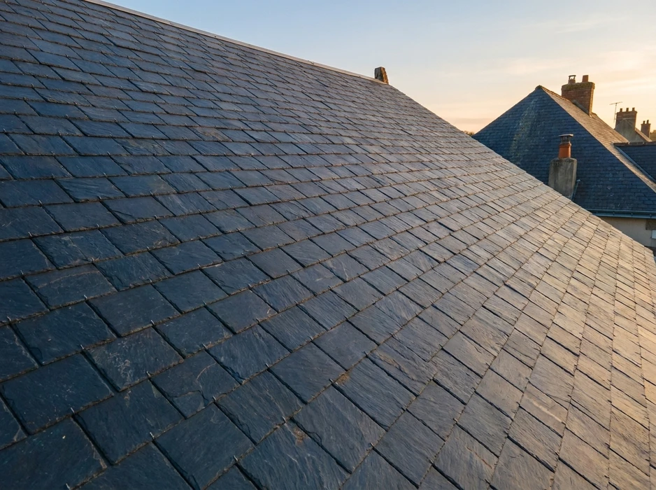 Toiture moderne d'immeuble résidentiel avec couverture métallique nervurée gris anthracite
