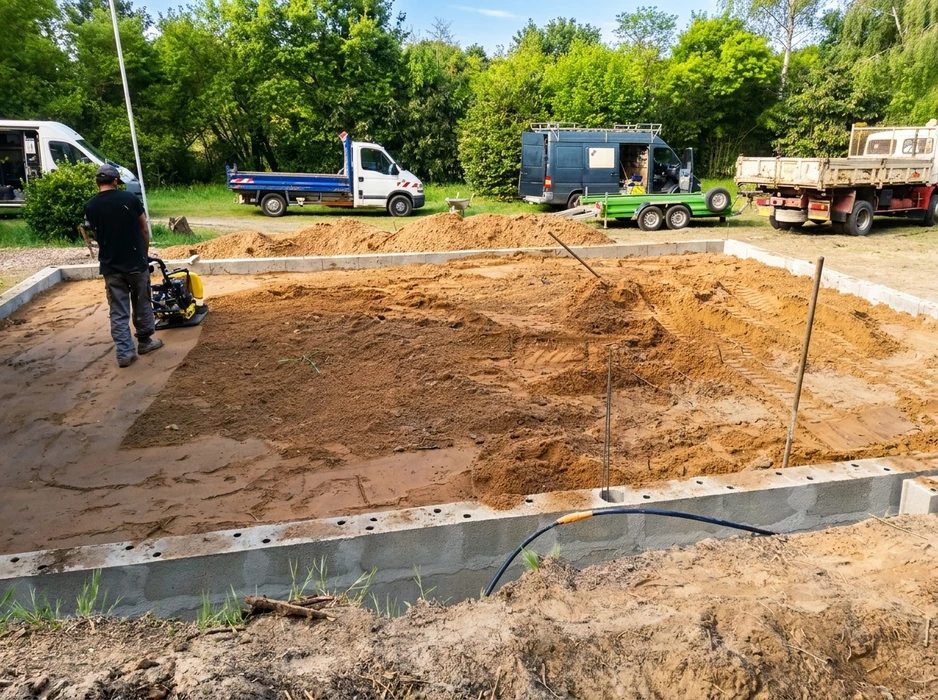 Chantier de construction extérieur avec ouvriers assemblant des murs en parpaings de béton