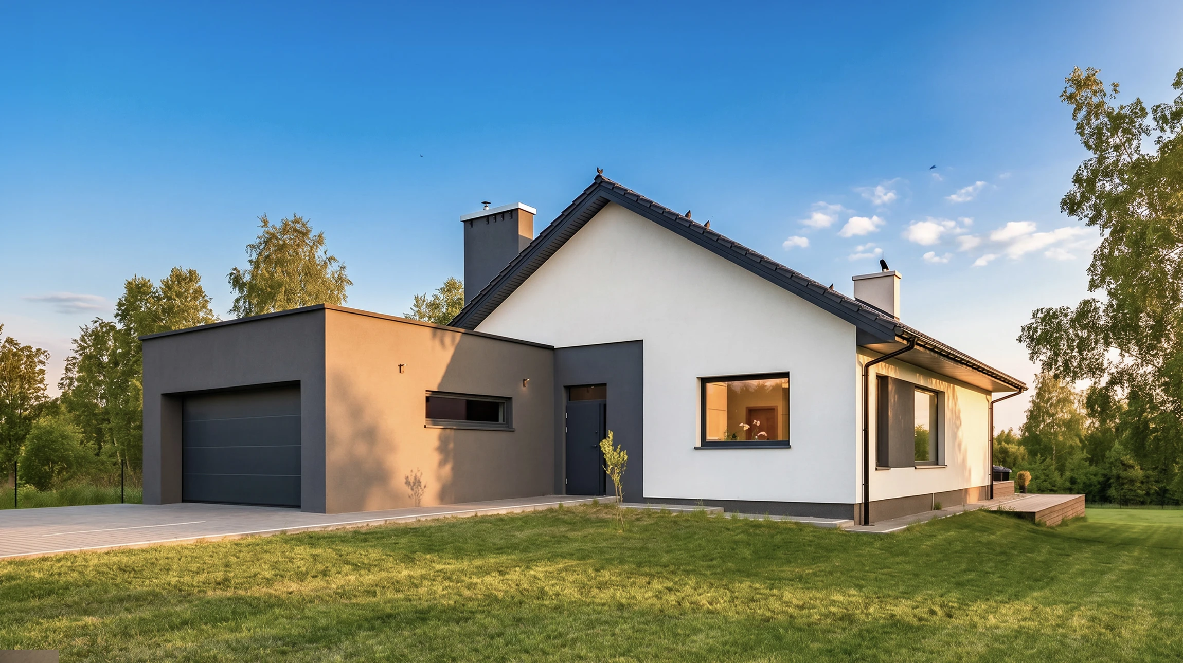 Maison contemporaine avec extension moderne située sur terrain paysager avec pelouse verte