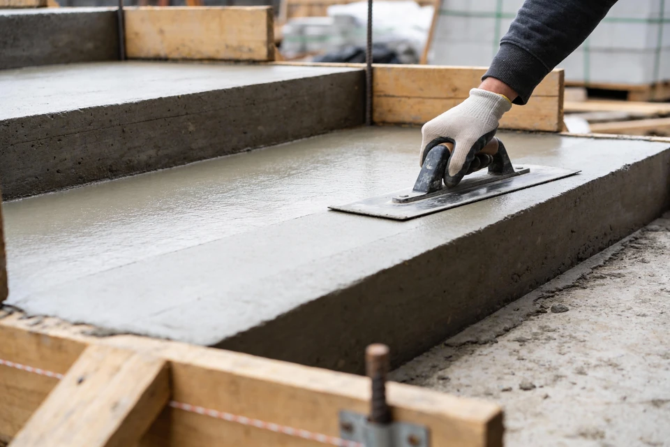 Ouvrier en vêtements de travail installant un pavage en béton sur lit de sable, utilisant marteau et genouillères de protection